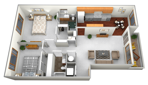 A 3D floor plan of a house with a kitchen, living room, and two bedrooms.